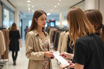 Jeune femme demandant un ajustement de prix au comptoir de service client Zara en centre commercial