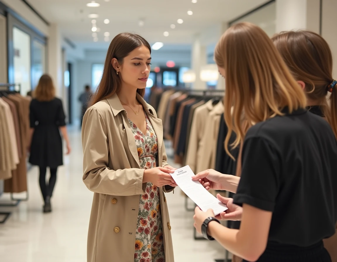 Jeune femme demandant un ajustement de prix au comptoir de service client Zara en centre commercial