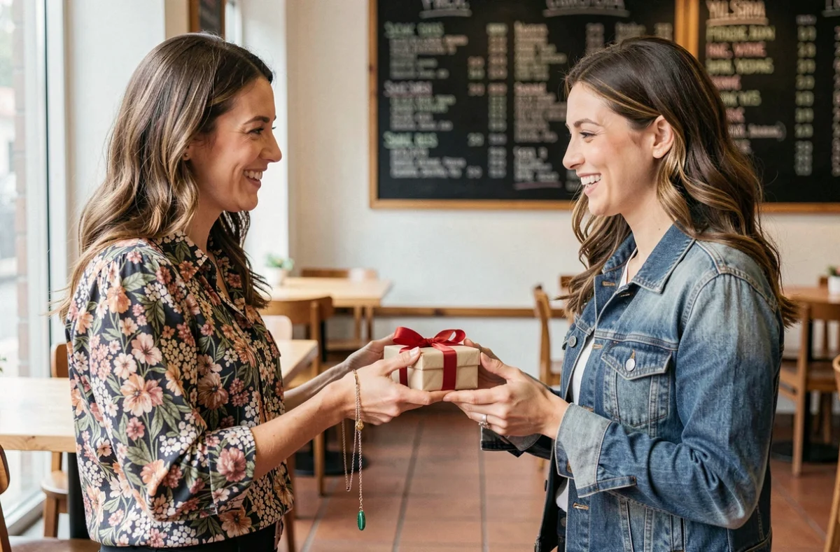 Deux amies échangeant un cadeau avec une chaîne de téléphone dans un café urbain