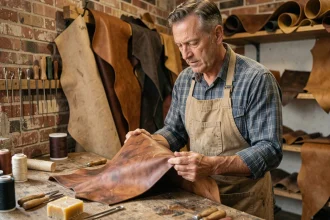 Artisan cordonnier examinant un morceau de cuir gras pull-up dans un atelier traditionnel