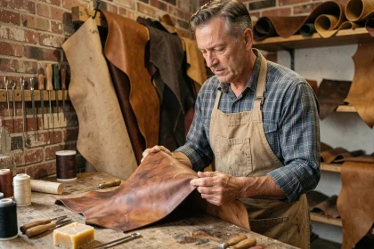 Artisan cordonnier examinant un morceau de cuir gras pull-up dans un atelier traditionnel