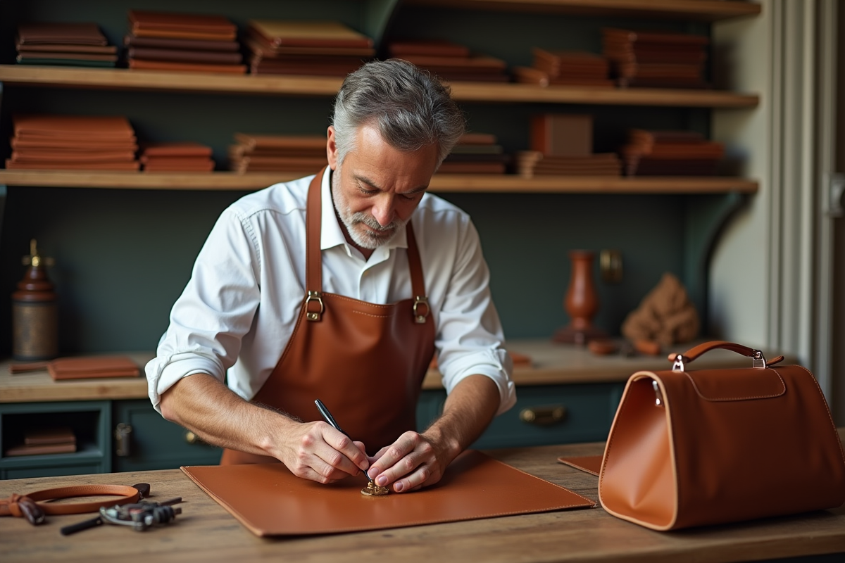 Artisan français finissant un sac en cuir dans un atelier