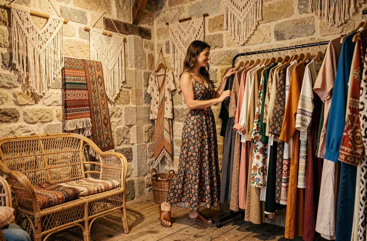Intérieur de la boutique Babylone Dijon avec mode bohème et pièces de créateurs exposées rue des Forges