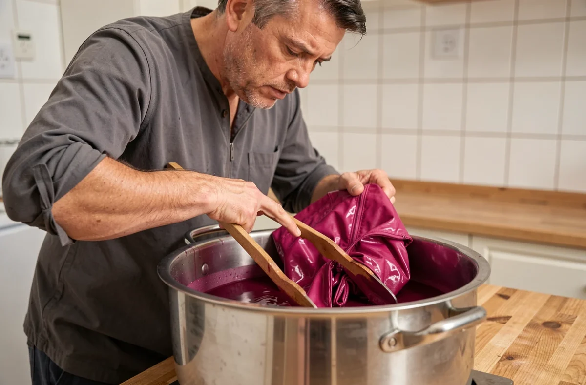 Homme plongeant une veste de running en polyester dans un bain de teinture magenta dans une buanderie domestique