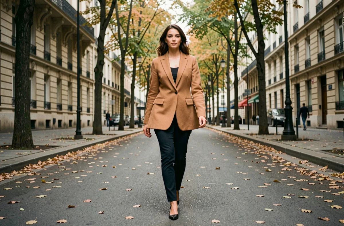 Femme morphologie en V en blazer trapèze camel marchant sur un boulevard haussmannien en automne