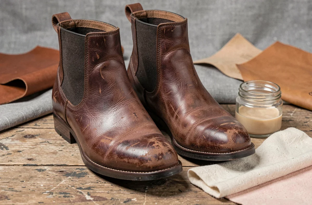 Bottes en cuir gras pull-up usées avec traces de doigts et patine naturelle sur surface en bois