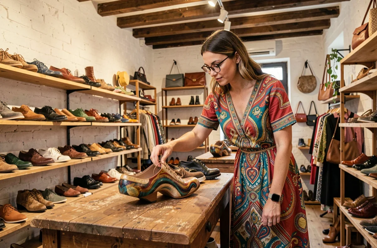Intérieur de la boutique Comme des Chaussures à Paris avec une cliente en robe colorée examinant une chaussure sculpturale sur une table en bois