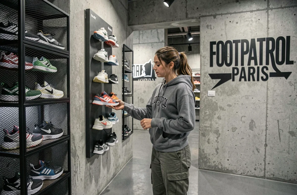 Intérieur du magasin Footpatrol Paris avec une jeune femme examinant des sneakers techniques devant un mur de références en édition limitée