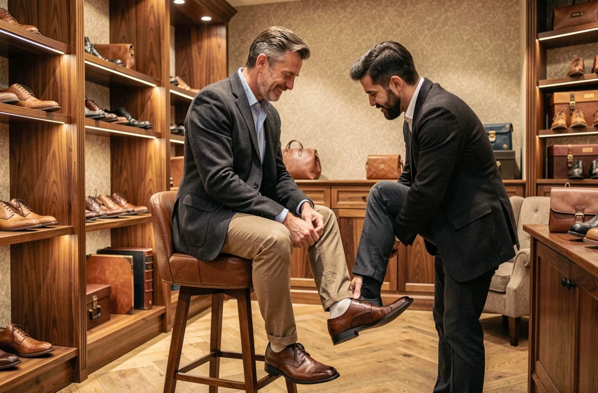 Intérieur de la boutique Garrice à Paris avec un client essayant des chaussures Oxford artisanales aidé par un vendeur