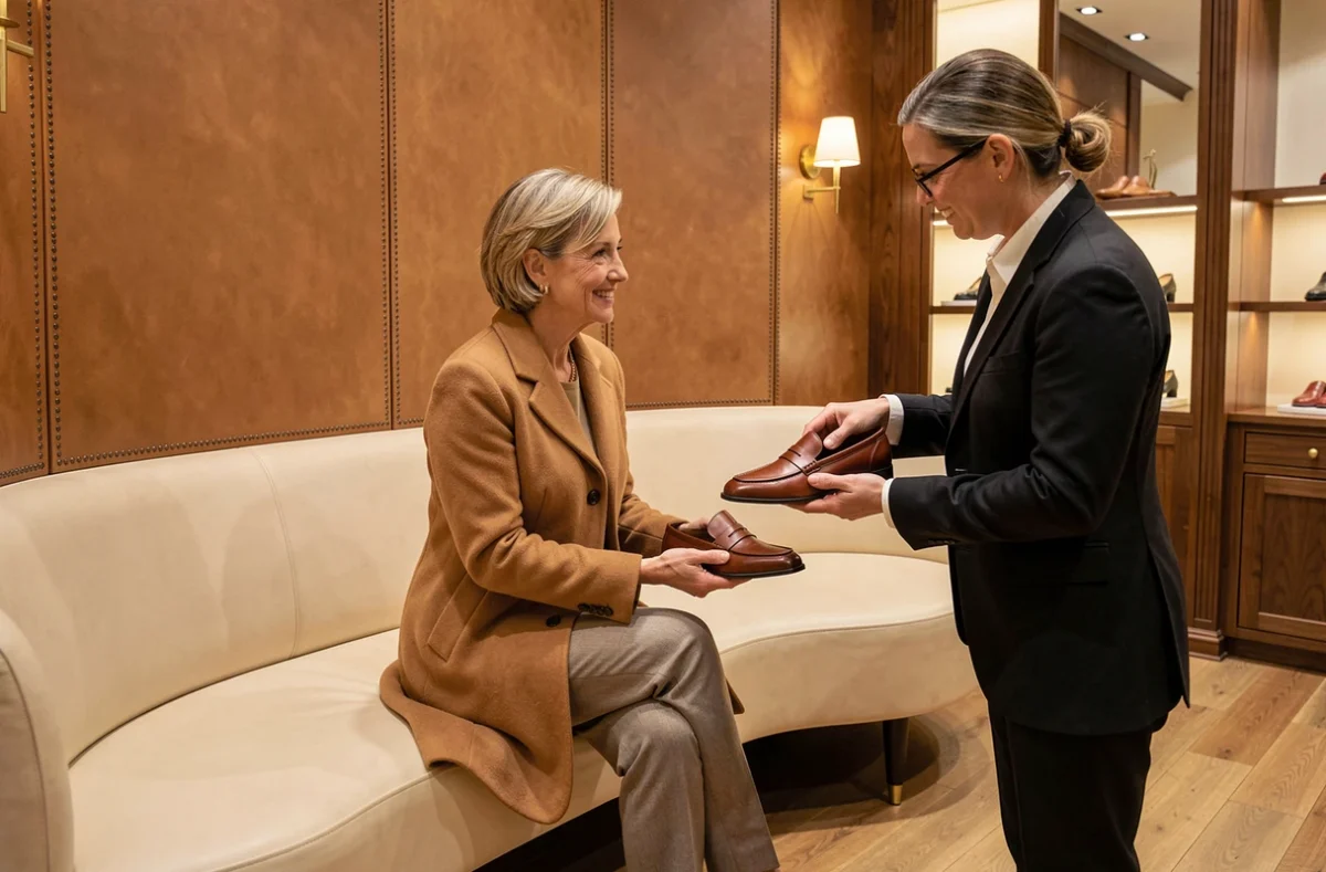 Salon de chaussures Hermès à Paris avec une cliente élégante examinant des mocassins en cuir présentés par un vendeur