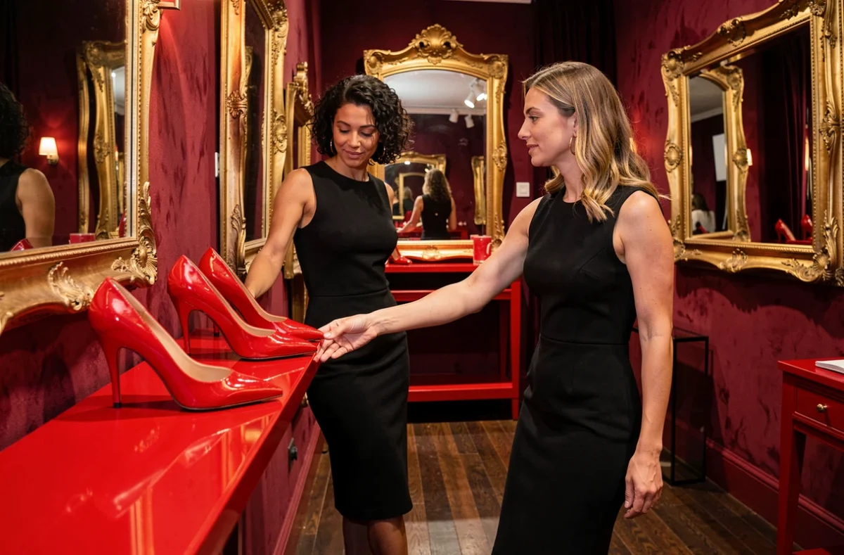 Boutique Louboutin à Paris avec une cliente en robe noire admirant des escarpins à semelles rouges sur une étagère laquée