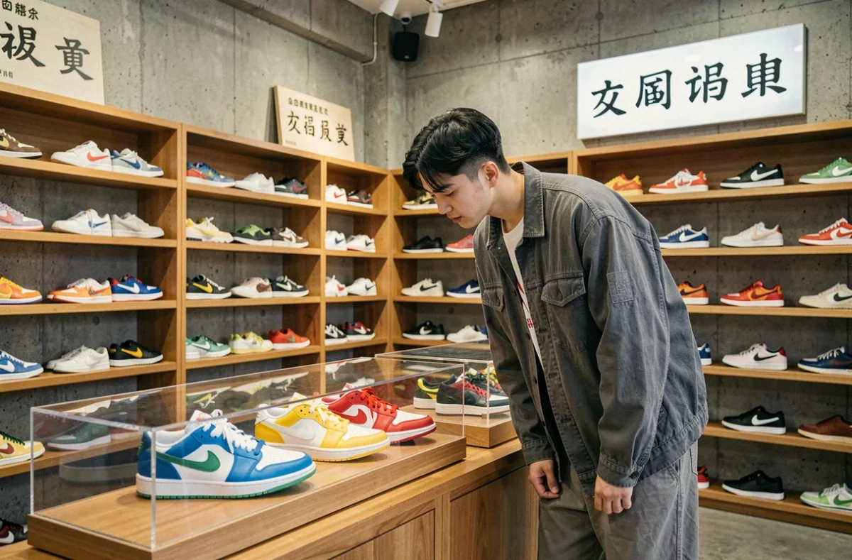 Intérieur de la boutique Shinzo à Paris avec un jeune homme inspectant des sneakers en édition limitée exposés dans une vitrine en acrylique