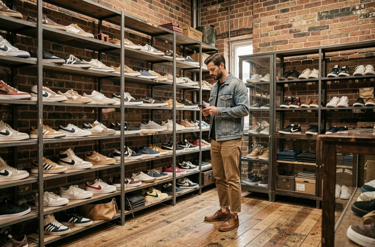 Intérieur de la boutique Starcow à Paris avec un client parcourant une collection de sneakers rares sur des étagères industrielles en métal