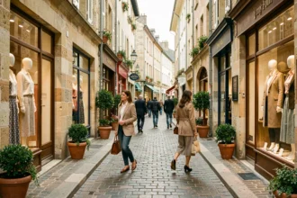 Deux femmes élégantes faisant du shopping dans une rue commerçante de Bourgogne-Franche-Comté avec des vitrines de mode féminine