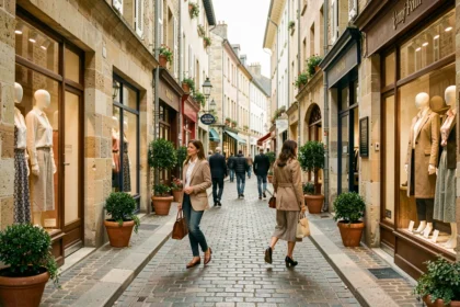 Deux femmes élégantes faisant du shopping dans une rue commerçante de Bourgogne-Franche-Comté avec des vitrines de mode féminine