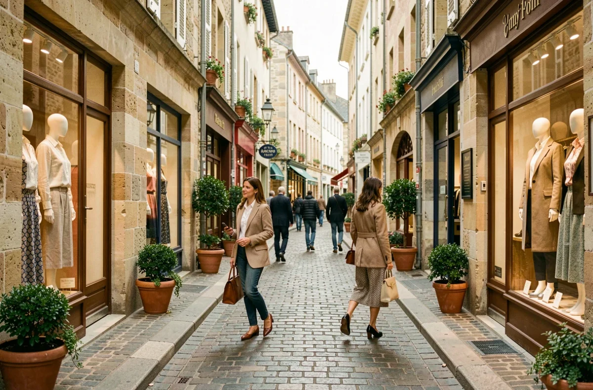 Deux femmes élégantes faisant du shopping dans une rue commerçante de Bourgogne-Franche-Comté avec des vitrines de mode féminine