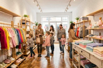 Famille faisant du shopping dans une boutique de vêtements pour enfants dans le Grand Est, avec des vêtements colorés sur des portants en bois et une atmosphère chaleureuse