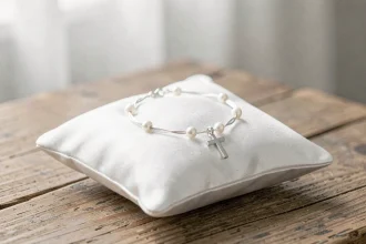 Bracelet de Communion en argent avec perles et croix posé sur un coussin de satin blanc