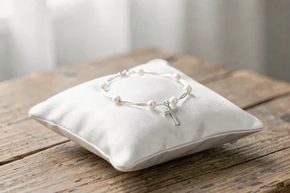 Bracelet de Communion en argent avec perles et croix posé sur un coussin de satin blanc