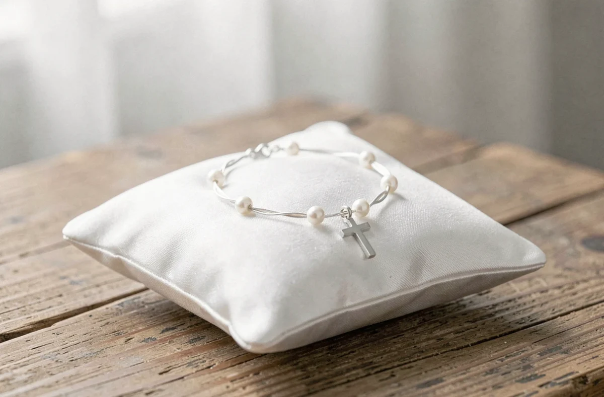 Bracelet de Communion en argent avec perles et croix posé sur un coussin de satin blanc