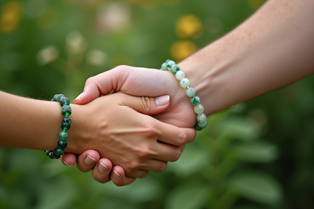 Gros plan de deux poignets côte à côte portant des bracelets en aventurine verte et quartz cristal dans un cadre de jardin verdoyant