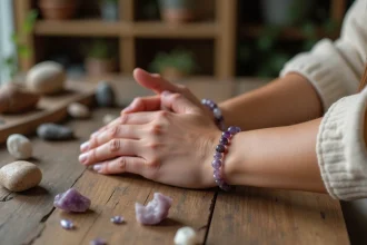 Deux mains enlacées portant des bracelets en pierres naturelles rose quartz et améthyste sur une table en bois rustique entourée de cristaux bruts