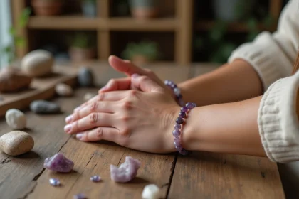 Deux mains enlacées portant des bracelets en pierres naturelles rose quartz et améthyste sur une table en bois rustique entourée de cristaux bruts