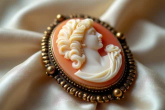 Gros plan d'un camée ancien en coquille sculpté d'un profil féminin classique, monté en or victorien sur tissu de soie ivoire