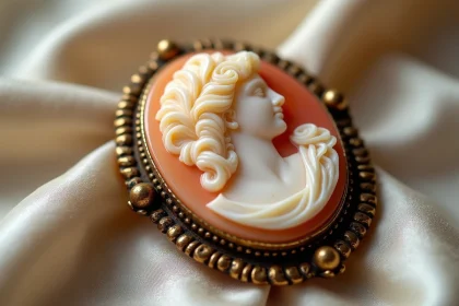 Gros plan d'un camée ancien en coquille sculpté d'un profil féminin classique, monté en or victorien sur tissu de soie ivoire