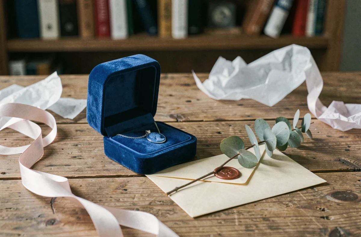 Boîte à bijoux en velours bleu ouverte révélant un camée bleu sur chaîne argentée, accompagnée d'une enveloppe cachetée et d'eucalyptus sur table en bois