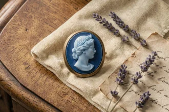 Camée bleu antique posé sur velours crème avec lavande séchée et note manuscrite, symbolisant un message symbolique et romantique