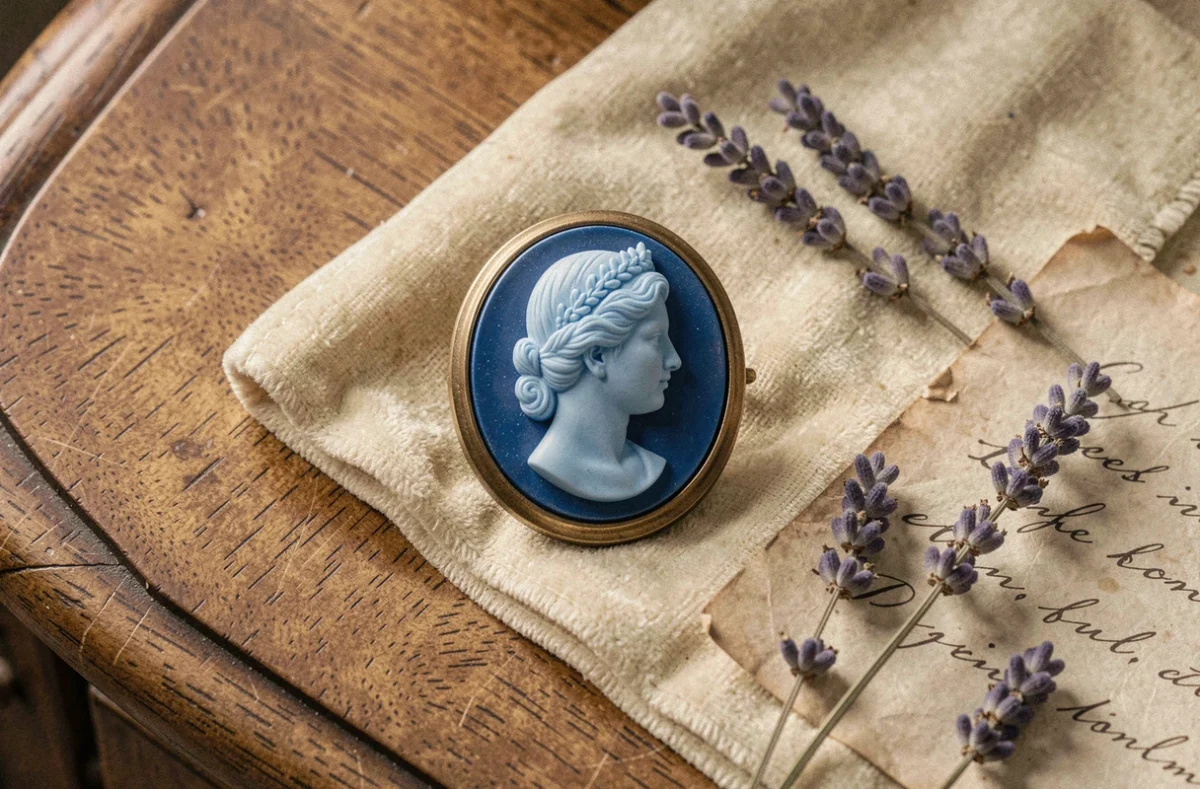 Camée bleu antique posé sur velours crème avec lavande séchée et note manuscrite, symbolisant un message symbolique et romantique