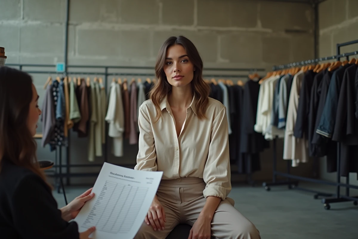 Mannequin femme en séance de casting avec fiche de mensurations dans un showroom de mode