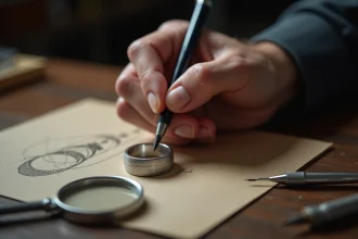 Chevalière homme en argent posée sur un bureau en chêne avec esquisse de gravure personnalisée