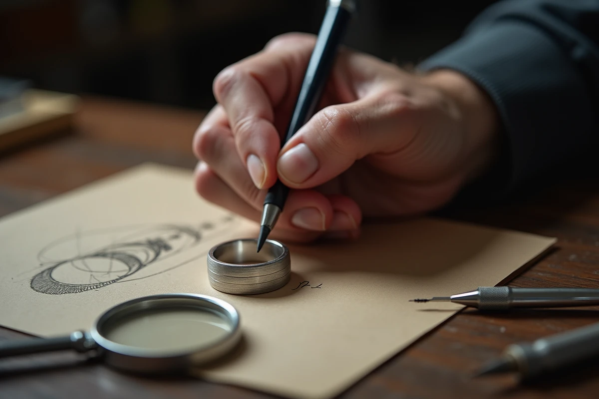 Chevalière homme en argent posée sur un bureau en chêne avec esquisse de gravure personnalisée