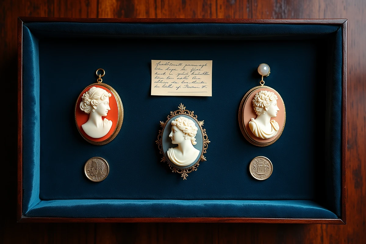 Collection de trois camées anciens en corail, coquille et agate disposés sur un plateau en velours marine avec une loupe et une fiche d'authentification