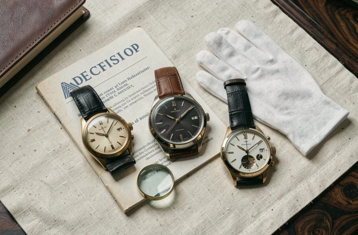 Collection de trois montres rares disposées en flat-lay avec catalogue de vente et loupe de joaillier