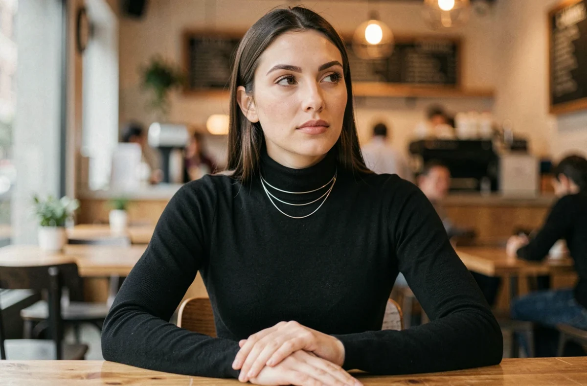 Femme assise dans un café portant un collier ras de cou en argent sur un col roulé noir, vue trois quarts