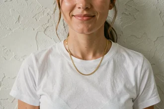 Femme portant un collier ras de cou doré sur un t-shirt blanc minimaliste, gros plan sur le bijou au niveau du cou