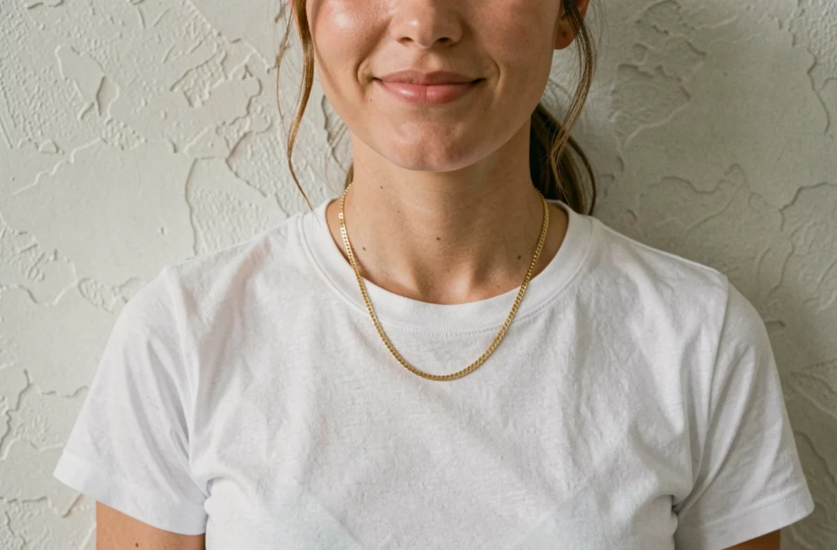 Femme portant un collier ras de cou doré sur un t-shirt blanc minimaliste, gros plan sur le bijou au niveau du cou