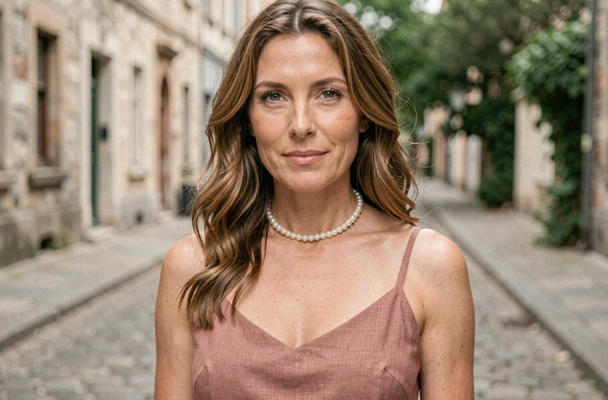 Femme en robe lin rose portant un collier ras de cou en perles dans une rue pavée, tenue simple et élégante