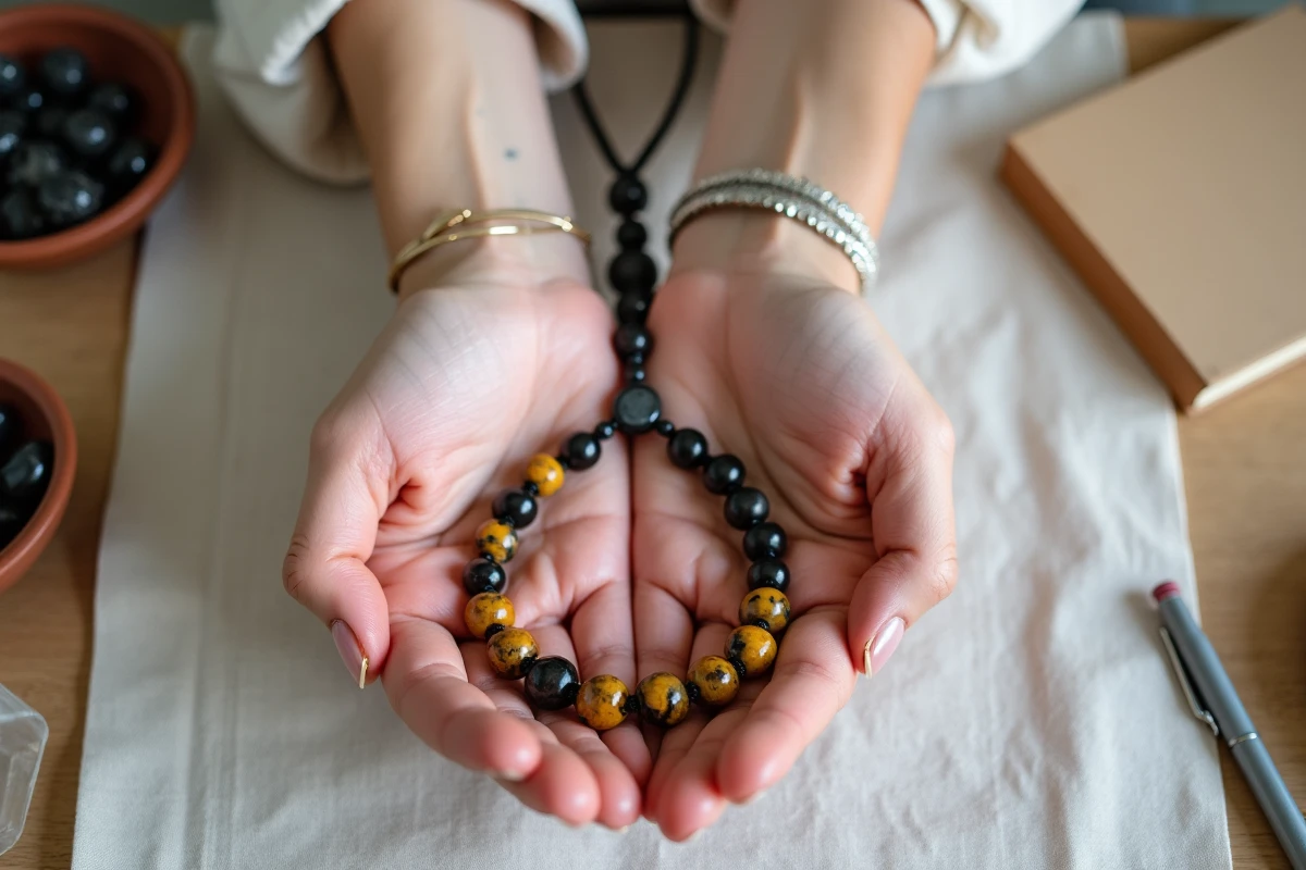 Collier ras du cou en œil de tigre et tourmaline noire posé dans les mains sur fond de lin blanc, ambiance artisanale