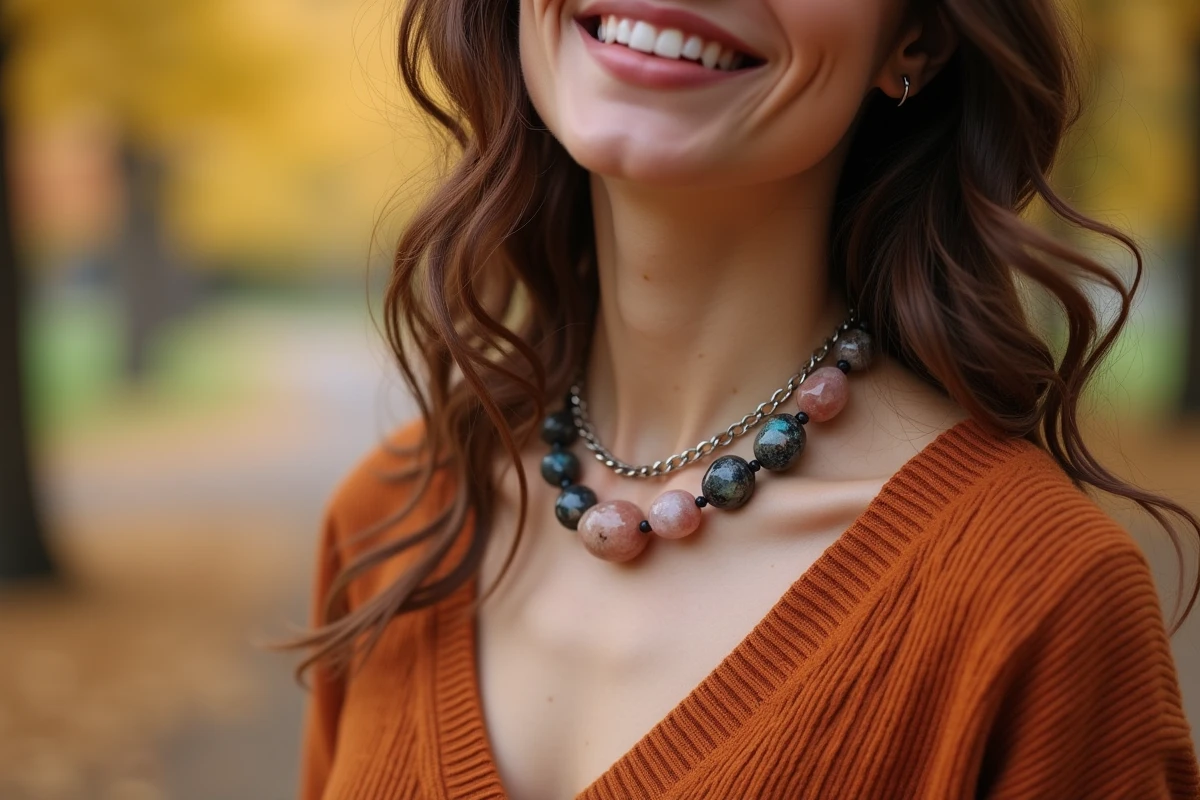 Femme souriante portant un collier ras du cou en quartz rose et labradorite en extérieur automnal