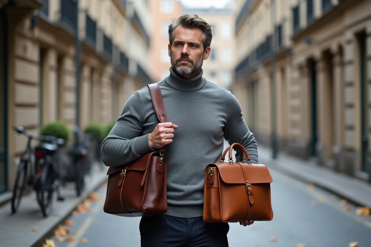 Homme comparant deux besaces en cuir côte à côte dans une rue urbaine, illustrant les critères de choix pour éviter les erreurs d'achat