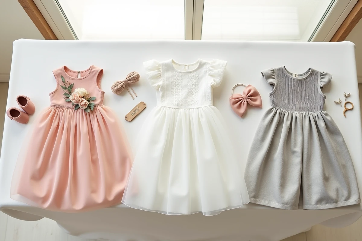 Comparaison de trois styles de robes de baptême bébé en flatlay : romantique en tulle rose, traditionnel en coton blanc broderie anglaise et moderne en jersey gris avec smocks