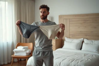 Homme comparant deux slips kangourou de tailles différentes dans une chambre moderne, illustrant le problème de choix de taille