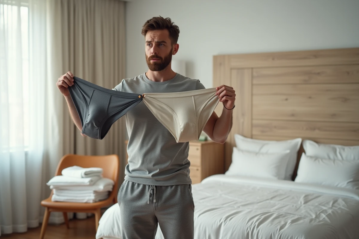 Homme comparant deux slips kangourou de tailles différentes dans une chambre moderne, illustrant le problème de choix de taille