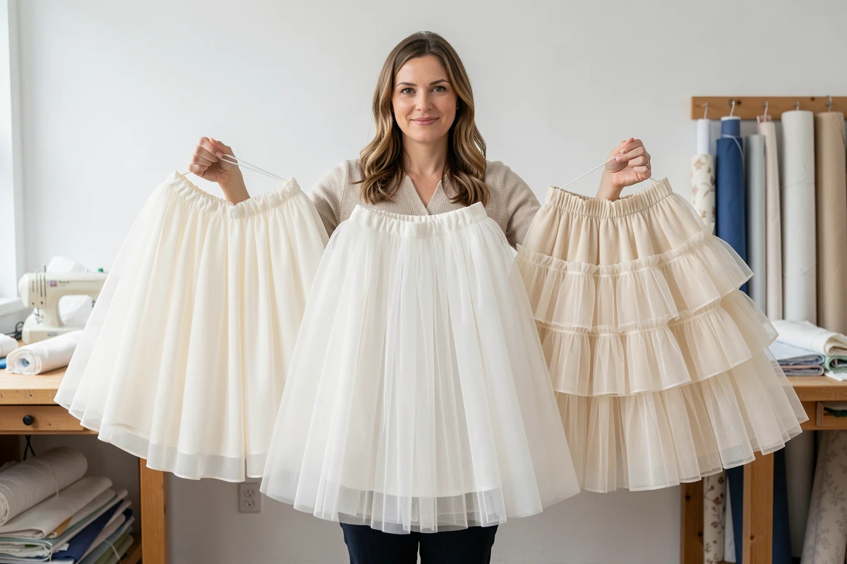 Comparaison de trois types de jupons pour robe de mariée et de soirée tenus côte à côte dans un atelier de couture
