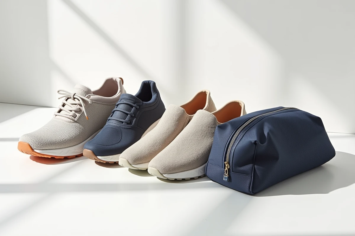 Trois sacs à chaussures de voyage respirants en mesh présentés à plat avec différents types de chaussures à l'intérieur