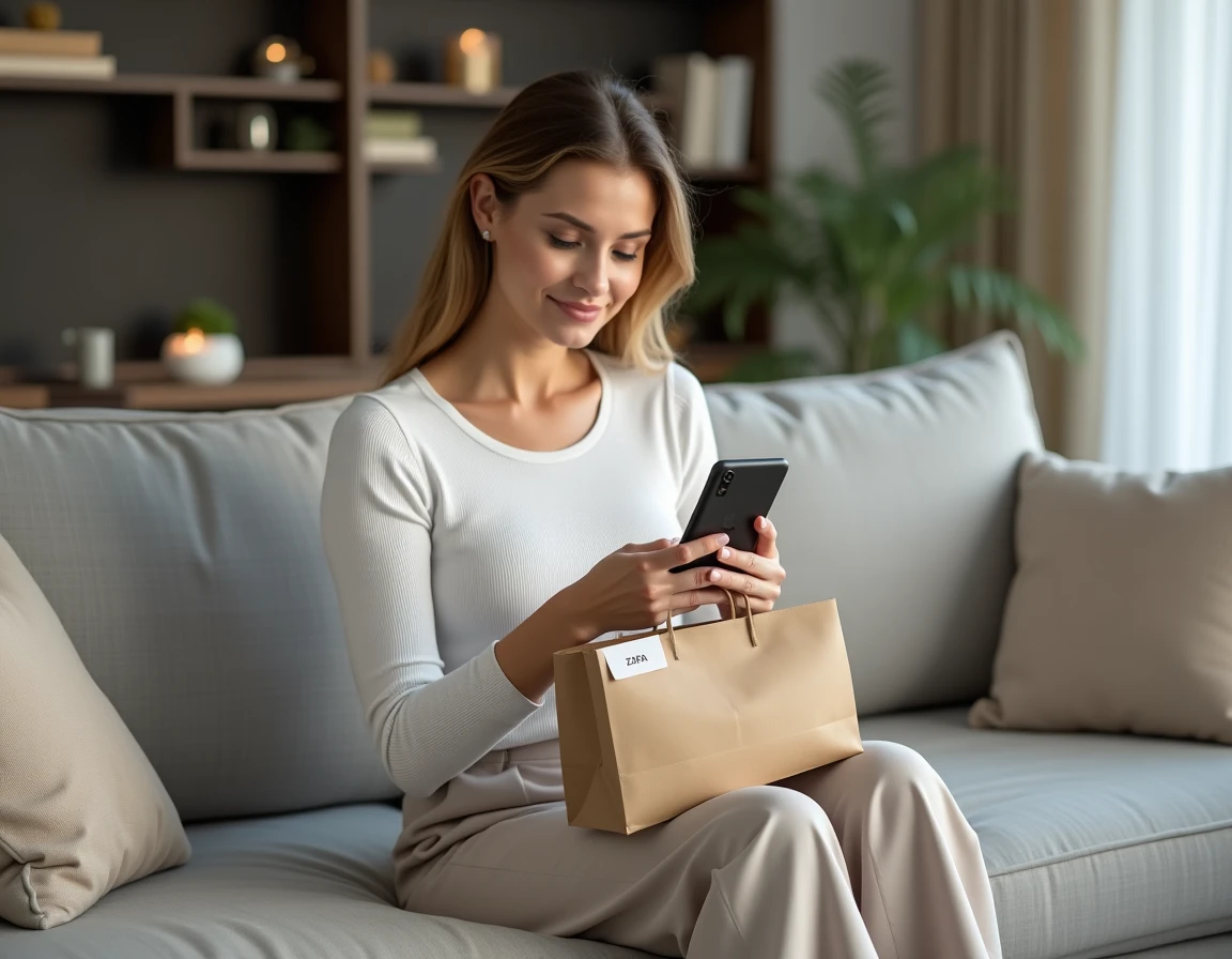Femme contactant le service client Zara via smartphone depuis son salon pour obtenir un ajustement de prix